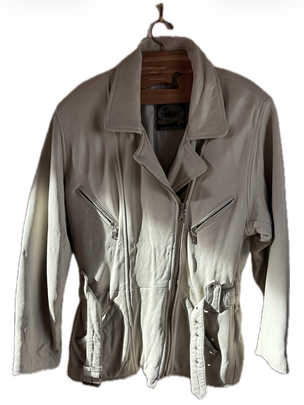 Vintage Altinok Women's Cream Nubuk Leather Belted Moto Jacket